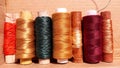 Silk and cotton threads for sewing and embroidery. Spools with multi-colored threads. Royalty Free Stock Photo