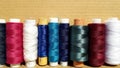 Silk and cotton threads for sewing and embroidery. Spools with multi-colored threads. Royalty Free Stock Photo