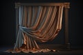 silk curtain draped over large rectangle very simple wooden frame for picture on dark background created by generative AI