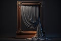 silk curtain draped over large rectangle very simple wooden frame for picture on dark background created by generative AI