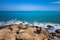 Silk effect in the Mediterranean Sea, rocks and foam with blue sky, turquoise and blue colors, with very good weather Royalty Free Stock Photo