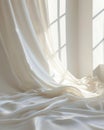 Silk fabric curtains in bedroom interior in fusion style with white cover, white walls and soft sun rays. Play of light