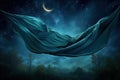 Silk fabric develops in the wind. Night forest, sky and moon