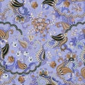 Silk fabric with exotic buta floral ornament. Square seamless pattern in ethnic style.