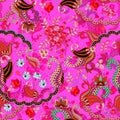 Silk fabric with exotic buta floral ornament. Square seamless pattern in ethnic style