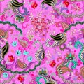 Silk fabric with exotic buta floral ornament. Square seamless pattern