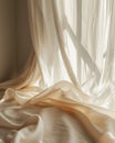 Silk fabric lies in bedroom interior in fusion style with white cover, white walls and soft sun rays. Play of light and