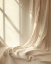 Silk fabric on the wall in bedroom interior in fusion style with white cover, white walls and soft sun rays. Play of