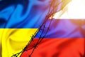 Silk flags of Russian Federation and Ukraine divided by barb wire sun haze illustration