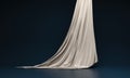 Silk golden curtain on dark background. Render illustration for advertising. Textiles flow, elegantly falls