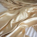Golden Hues: Satin Drape On White Bed With Natural Fibers