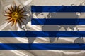 Silk national flag of modern state of Uruguay with beautiful folds, concept of tourism, travel, emigration, global business