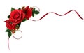 Silk ribbon and red rose flowers with drops of water in corner a Royalty Free Stock Photo