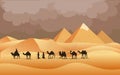 Silk road, camel caravan in desert. Arabian people in sahara, egypt pyramids, journey in dune landscape. Bedouins travel Royalty Free Stock Photo