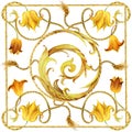 Silk scarf with arabesque ornament and flowers. luxury shawl design. gold lace watercolor hand drawn textile background.