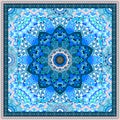 Silk scarf with blue mandala flower on ornamental background and decorative border. Indian, arabian motives. Beautiful winter Royalty Free Stock Photo