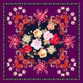 Silk scarf with bouquet of roses and daisies on bright paisley floral background in indian style. Tablecloth, cushion