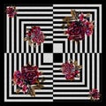 silk scarf design with abstract mosaic flowers on black and white geometric background Royalty Free Stock Photo