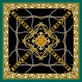 Silk Scarf Golden Baroque with Chains. on Black and Green Background. Ready for Textile Prints.