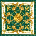 Silk scarf with golden lion and damask ornament. luxury shawl design. gold lace Royalty Free Stock Photo