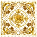 Silk scarf with golden lion and damask ornament. luxury shawl design. gold lace