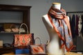 silk scarf on mannequin with matching handbag on display