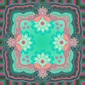 Silk scarf, napkin, square rug or pillowcase with ornate paisley ornament, striped frame and mandalas - flowers