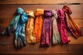 Silk scarves arranged on vintage wooden table. Generative AI