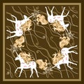 Silk square scarf with four magic unicorns on dark brown ornamental background in vector