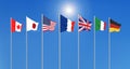 Silk waving G7 flags of countries of Group of Seven Canada, Germany, Italy, France, Japan, USA states, United Kingdom. Blue sky