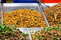 Silk worm. Deep Fried insect in street food. Royalty Free Stock Photo