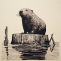 Silkscreen Print Of A Majestic Beaver By Calm Waters