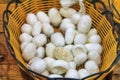 Silkworm cocoons ready for the process of making silk thread by Royalty Free Stock Photo