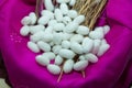 Silkworm Mulberry bombyx mori in the process of producing silk during cocooning. cocoons of silkworm for silk making . Hot Pink