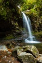 Silky Rainbow Falls waterfall with rocks in the foreground in the Great Smoky National Park, Tennessee, USA.