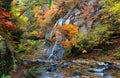 A silky waterfall flowing down from the rocky cliff into a stream