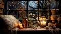 The sill of a winter window with various antique objects