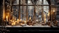 The sill of a winter window with various antique objects