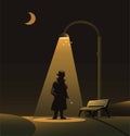 Sillhouette of Jack the ripper under street light at park in night. urban legend horror scene concept illustration vector Royalty Free Stock Photo