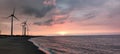 Sillouette of Wind turbine array at seashore