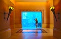 Sillouette of the woman taking picture in large aquarium