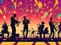 Sillouhate of jazz band on stage with colorful backdrop