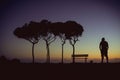 Silluette of a man standing next to four trees in a row and a be