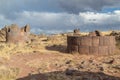 Sillustani Ancient burial ground with giant Chullpas cylindrical funerary towers built by a pre-Incan people near Lake Umayo in P Royalty Free Stock Photo