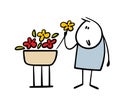 Silly boy plucks a flower from a flower bed in a city park. Vector illustration of illegal actions, a stickman stole a