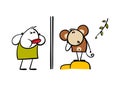 Silly child is teasing animals at the zoo. Vector drawing of cartoon boy showing his tongue, confused monkey looking