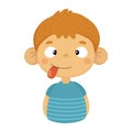 Silly Cute Small Boy With Big Ears And Tongue Out In Blue T-shirt, Emoji Portrait Of A Male Child With Emotional Facial