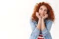 Silly dreamy lovely redhead curly-haired woman dreaming summer vacation stay happy thoughtfully gazing up imaging nice
