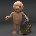 Silly Egyptian mummy monster tries to sell a car wheel with a tyre on it, 3d illustration