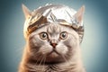 silly frightened cat in a tinfoil hat, created with Generative AI technology